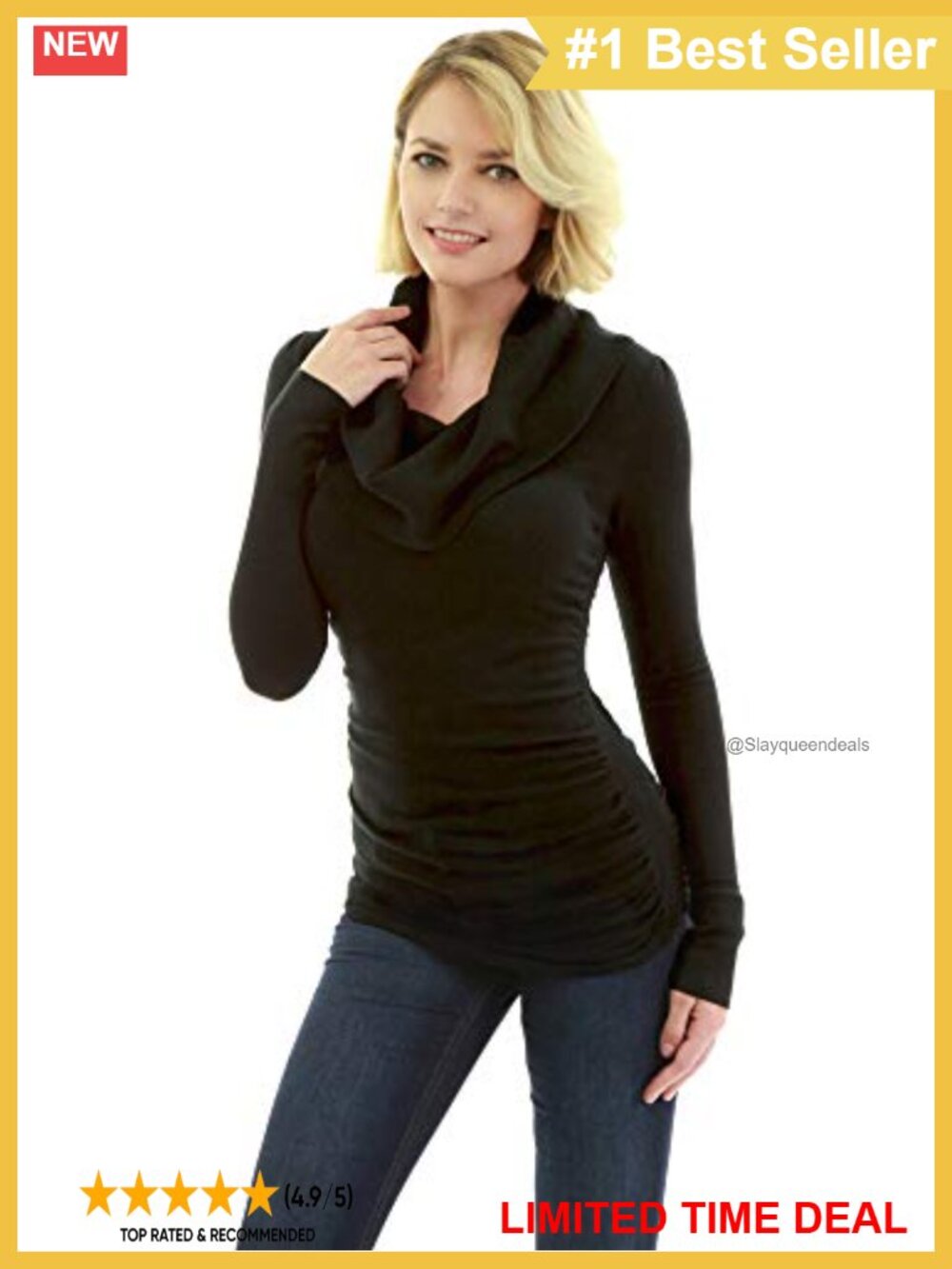 Slim Fit Cowl Neck Long Sleeve Ruched Tunic Sweater Pullover